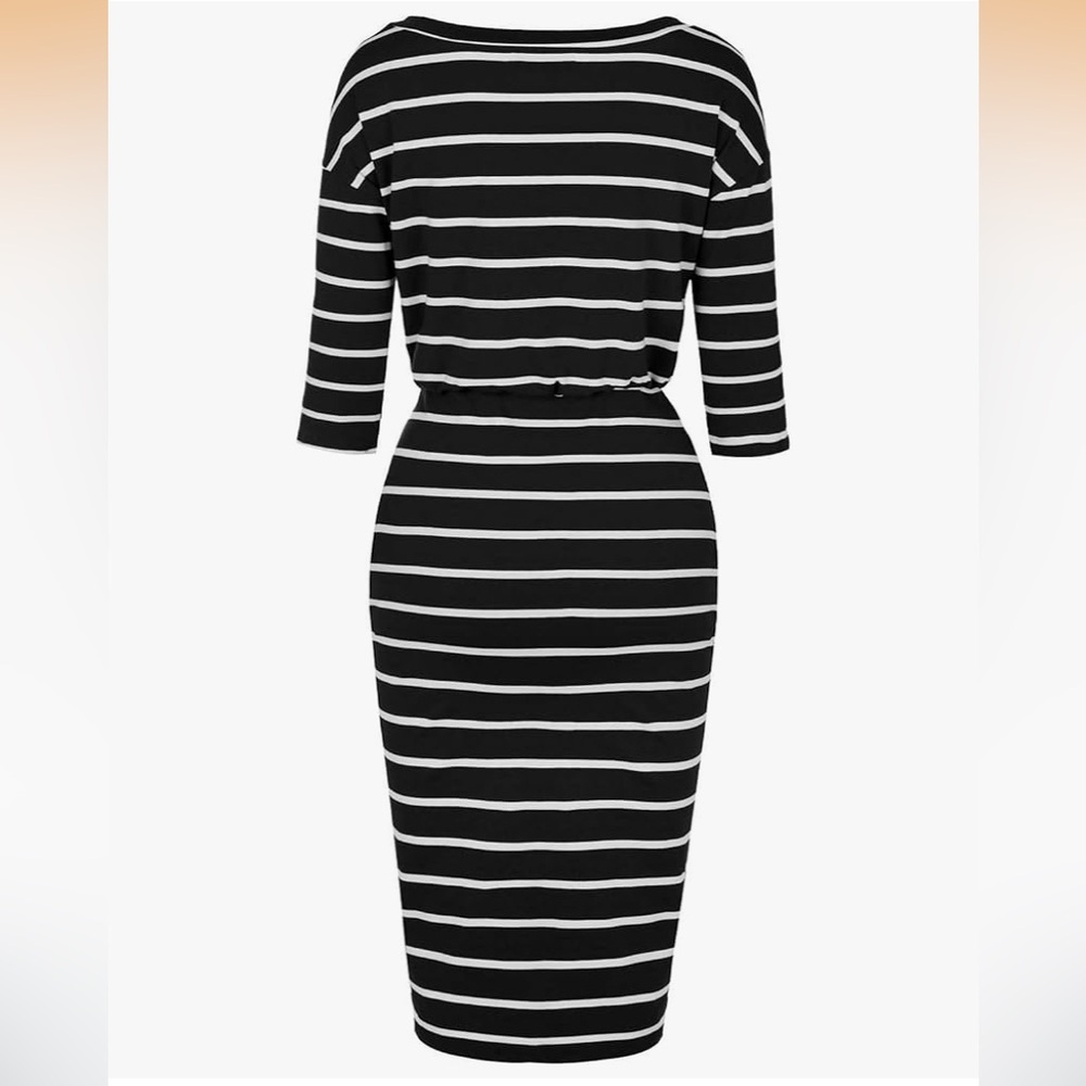 Woman’s 3/4 Sleeve Bodycon Dress Elastic Waist Black and Whiite Size Medium